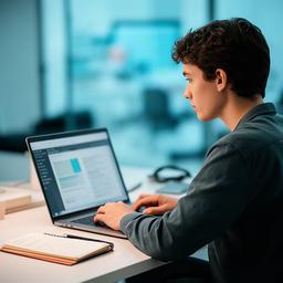 Maguet Tikhonenko programando una página web con una libreta de contenidos al lado